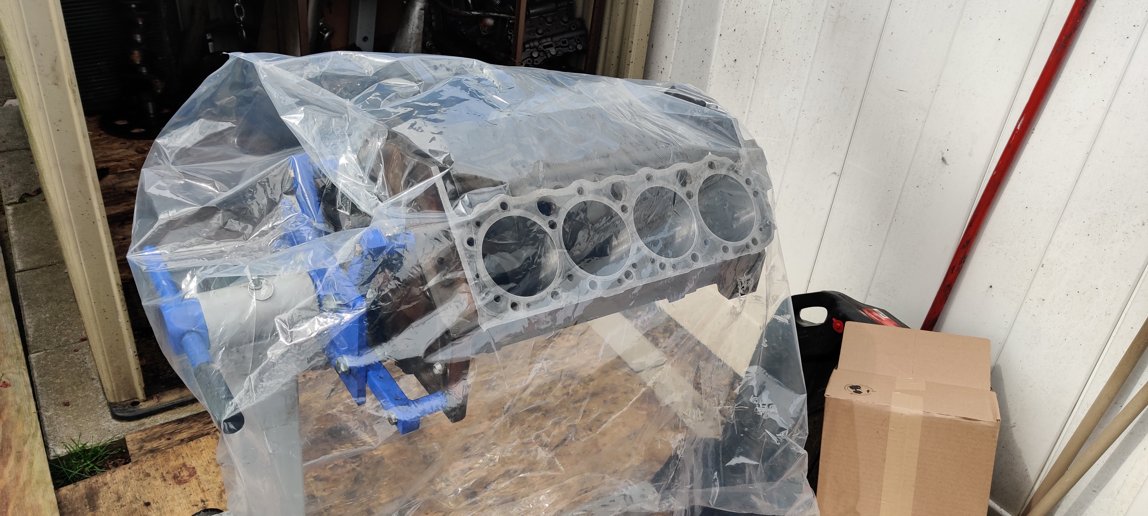 Cleaned engine block with protective cover